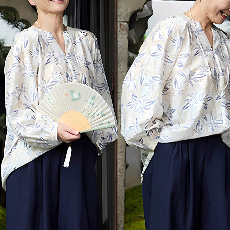 Buddha Stones Blue Beige Flowers Notched Design Long Sleeve Women's Shirt For Older Adults - image 22