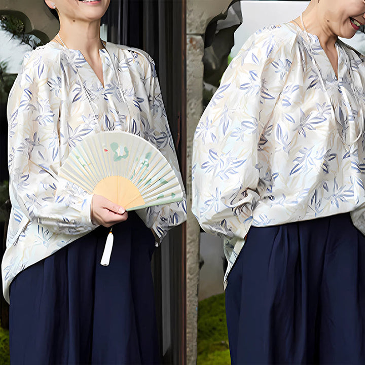 Buddha Stones Blue Beige Flowers Notched Design Long Sleeve Women's Shirt For Older Adults - image 22