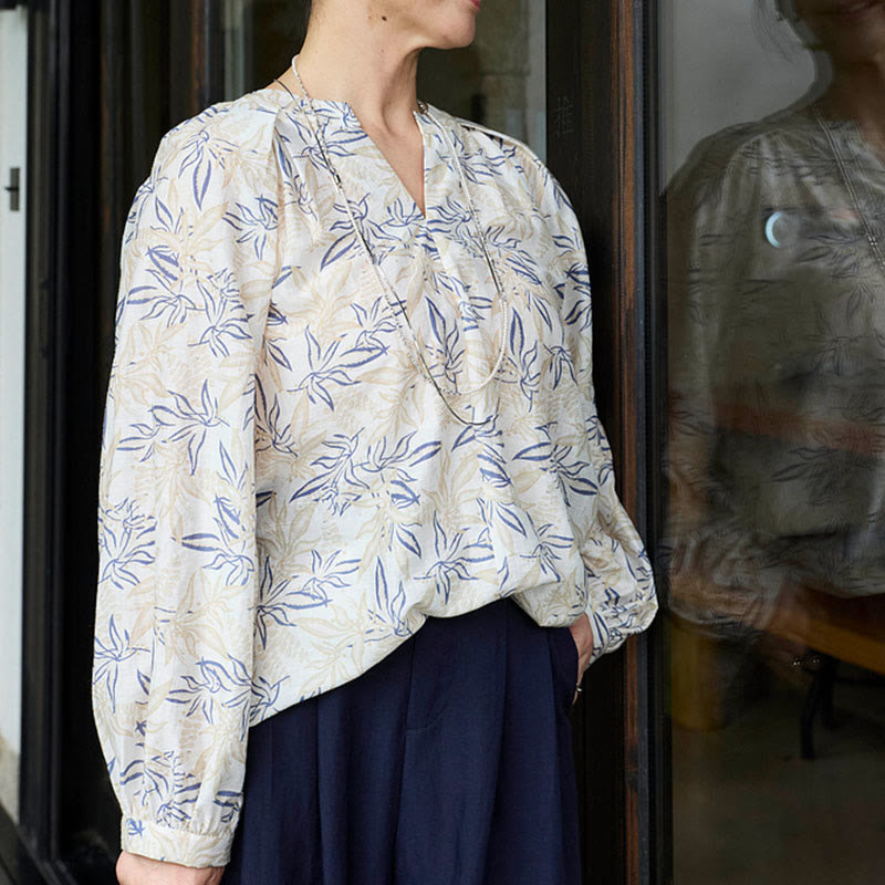 Buddha Stones Blue Beige Flowers Notched Design Long Sleeve Women's Shirt For Older Adults - image 15