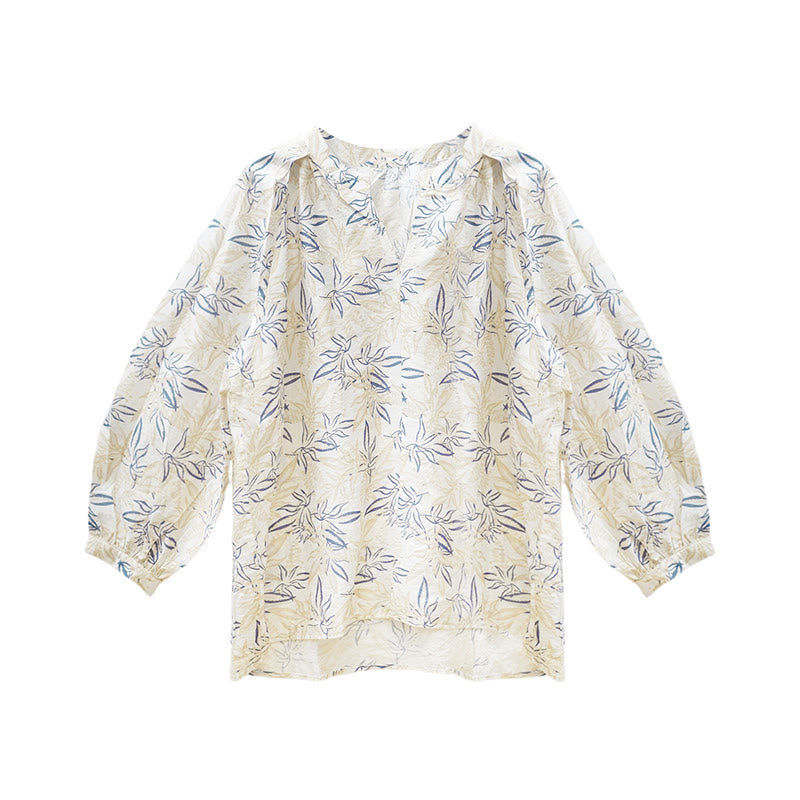 Buddha Stones Blue Beige Flowers Notched Design Long Sleeve Women's Shirt For Older Adults - image 5