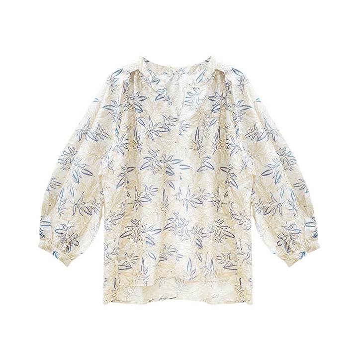 Buddha Stones Blue Beige Flowers Notched Design Long Sleeve Women's Shirt For Older Adults - image 5