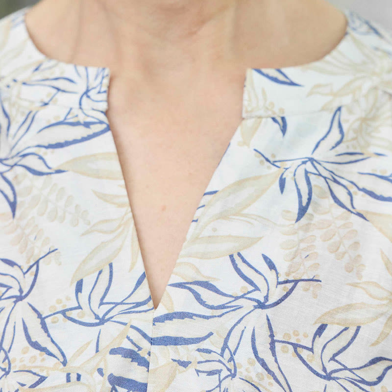 Buddha Stones Blue Beige Flowers Notched Design Long Sleeve Women's Shirt For Older Adults - image 7