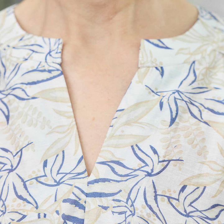 Buddha Stones Blue Beige Flowers Notched Design Long Sleeve Women's Shirt For Older Adults - image 7