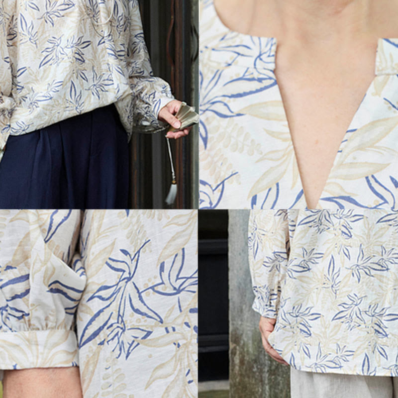 Buddha Stones Blue Beige Flowers Notched Design Long Sleeve Women's Shirt For Older Adults - image 12