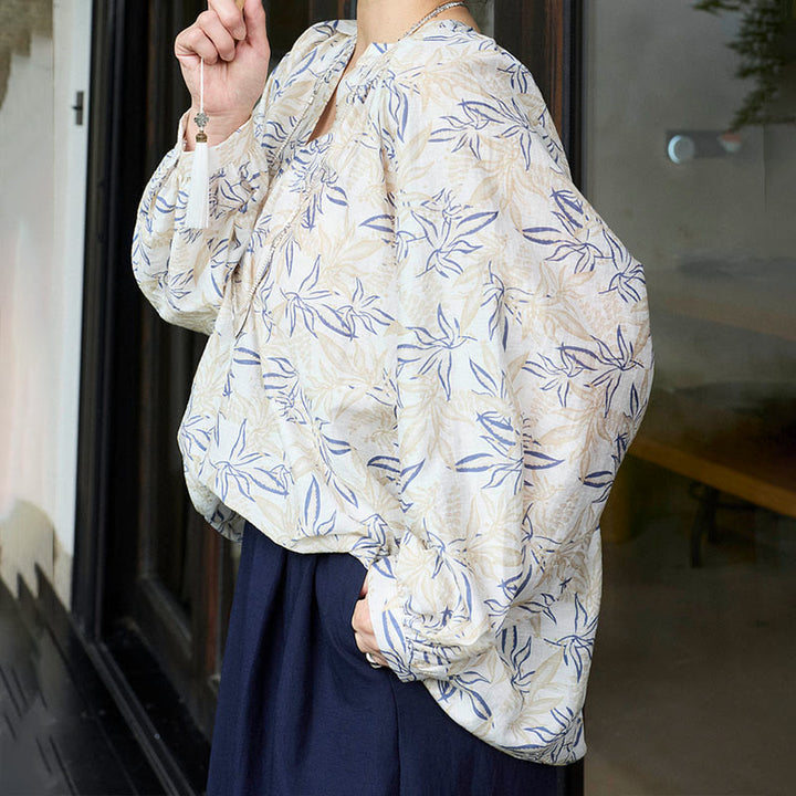 Buddha Stones Blue Beige Flowers Notched Design Long Sleeve Women's Shirt For Older Adults - image 17