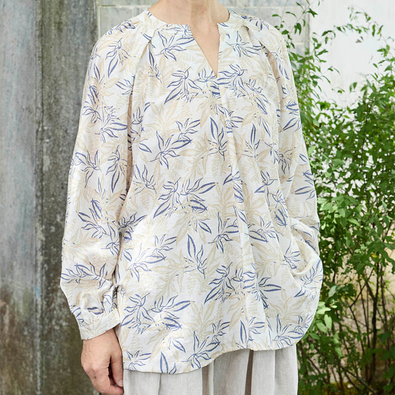 Buddha Stones Blue Beige Flowers Notched Design Long Sleeve Women's Shirt For Older Adults - image 1