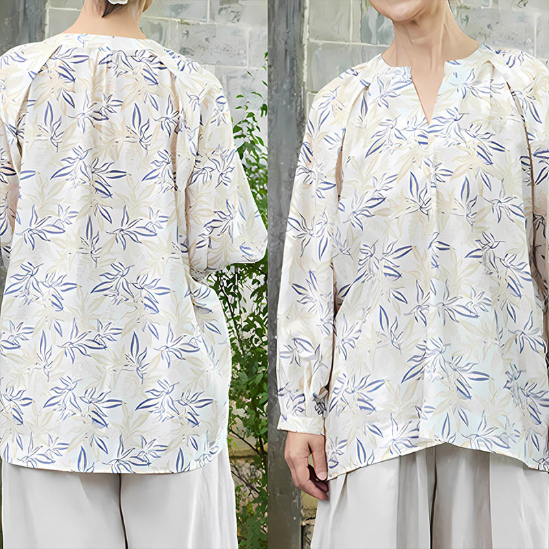 Buddha Stones Blue Beige Flowers Notched Design Long Sleeve Women's Shirt For Older Adults - image 10