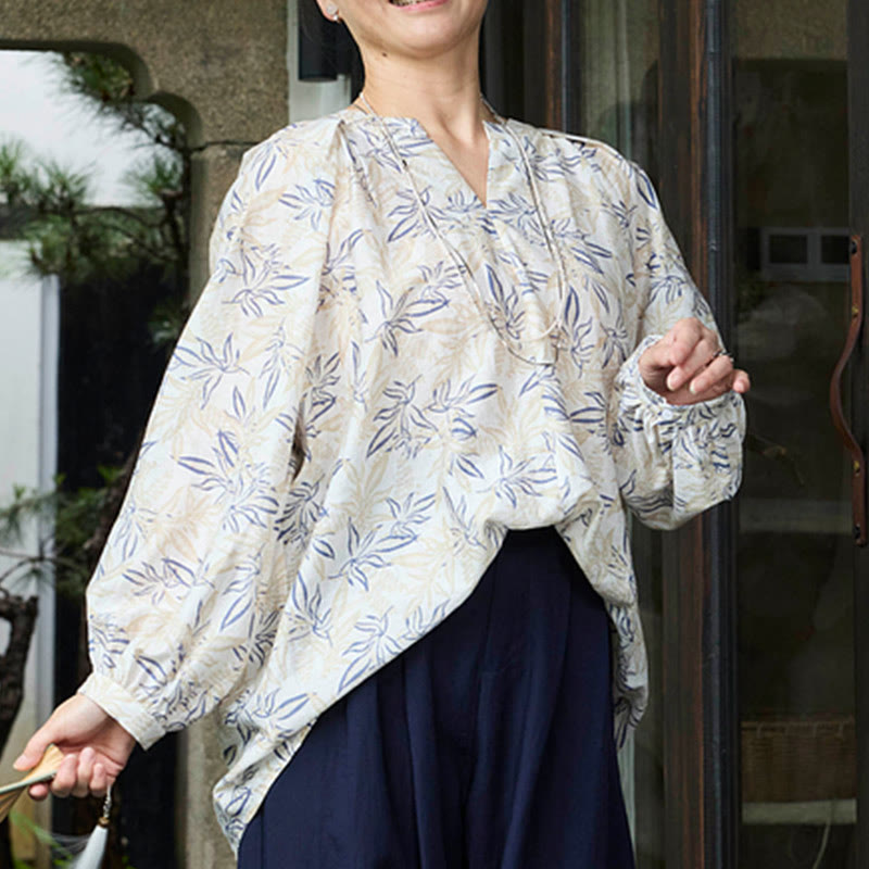 Buddha Stones Blue Beige Flowers Notched Design Long Sleeve Women's Shirt For Older Adults - image 13