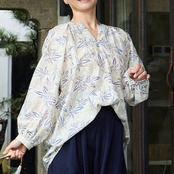 Buddha Stones Blue Beige Flowers Notched Design Long Sleeve Women's Shirt For Older Adults - image 13