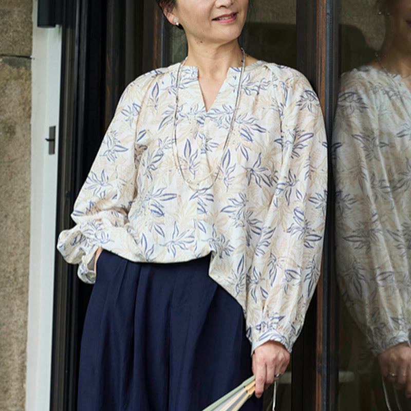 Buddha Stones Blue Beige Flowers Notched Design Long Sleeve Women's Shirt For Older Adults - image 16