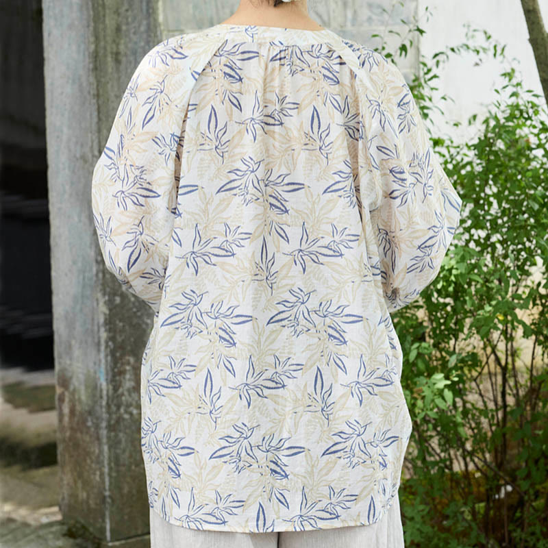 Buddha Stones Blue Beige Flowers Notched Design Long Sleeve Women's Shirt For Older Adults - image 2