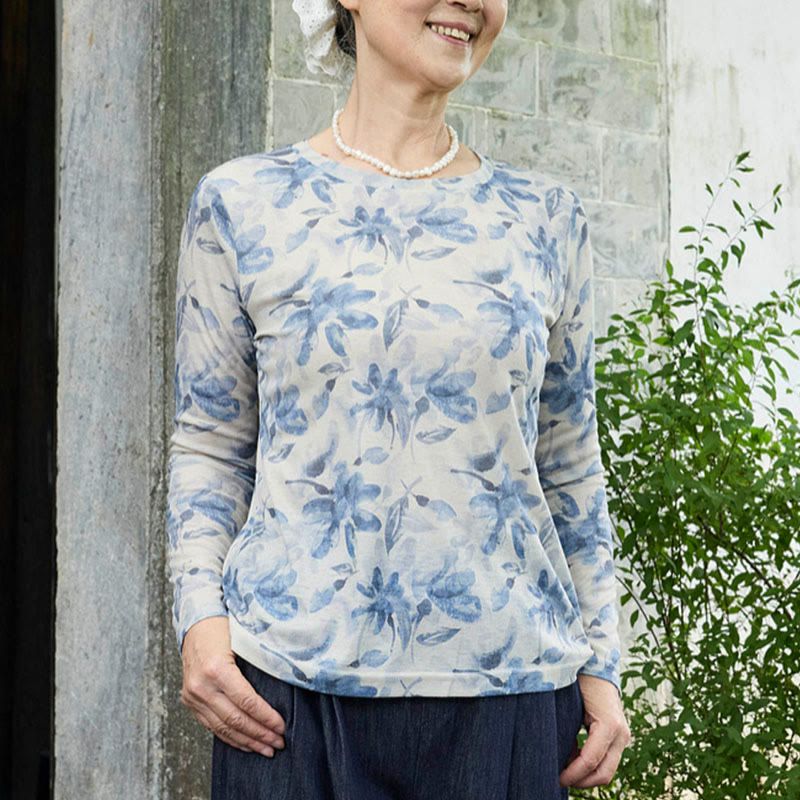 Buddha Stones Fall Blue Floral Women's Long Sleeve T-Shirt  For Older Adults - image 1