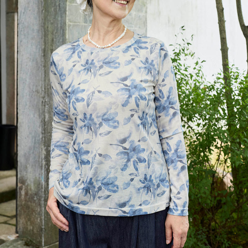 Buddha Stones Fall Blue Floral Women's Long Sleeve T-Shirt  For Older Adults - AliceBlue - US8-10,UK/AU12-14,EU40-42 (2XL) - image 0