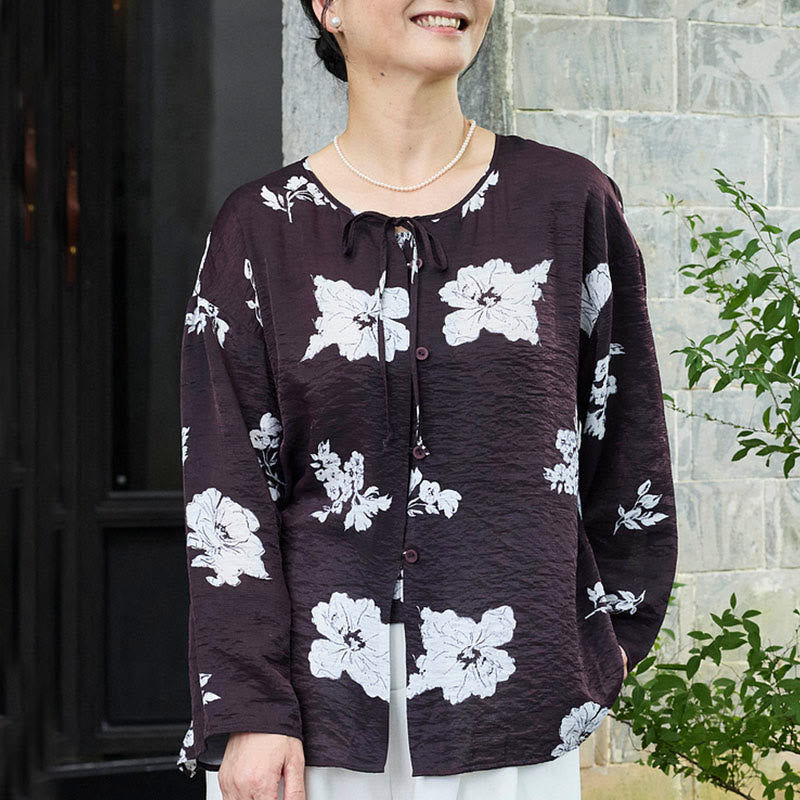 Buddha Stones Black Floral Flowers Lace-Up Buttons Long Sleeve Women's Shirt For Older Adults - image 5