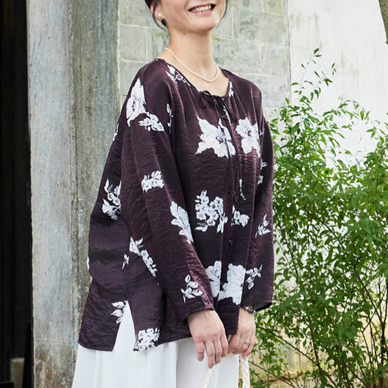 Buddha Stones Black Floral Flowers Lace-Up Buttons Long Sleeve Women's Shirt For Older Adults - image 4