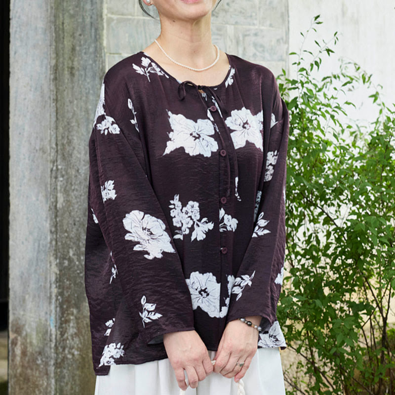 Buddha Stones Black Floral Flowers Lace-Up Buttons Long Sleeve Women's Shirt For Older Adults - image 1