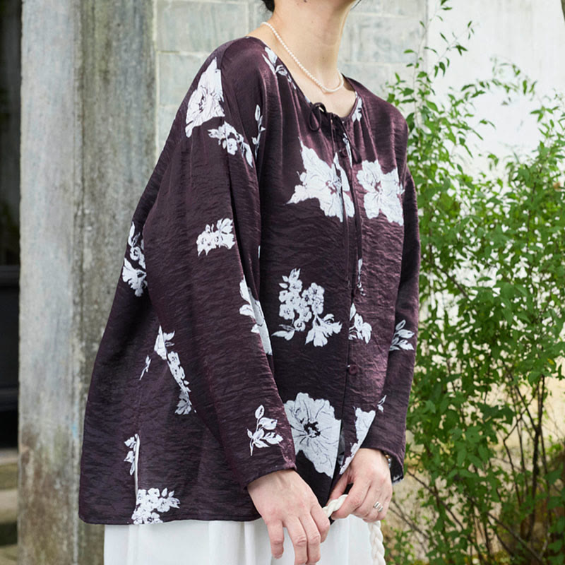 Buddha Stones Black Floral Flowers Lace-Up Buttons Long Sleeve Women's Shirt For Older Adults - image 2