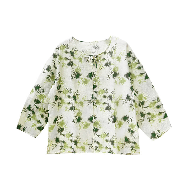 Buddha Stones Green Floral Leaves Lace-Up Buttons Long Sleeve Women's Shirt For Older Adults - image 5