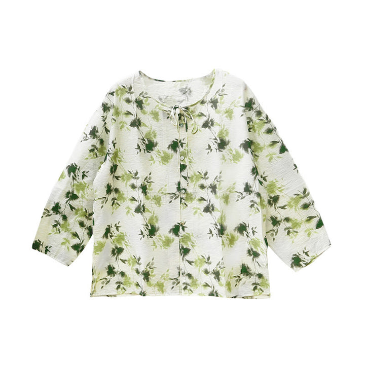 Buddha Stones Green Floral Leaves Lace-Up Buttons Long Sleeve Women's Shirt For Older Adults - image 5