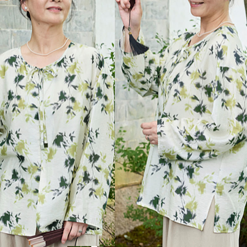 Buddha Stones Green Floral Leaves Lace-Up Buttons Long Sleeve Women's Shirt For Older Adults - image 12