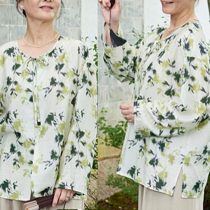 Buddha Stones Green Floral Leaves Lace-Up Buttons Long Sleeve Women's Shirt For Older Adults - image 12