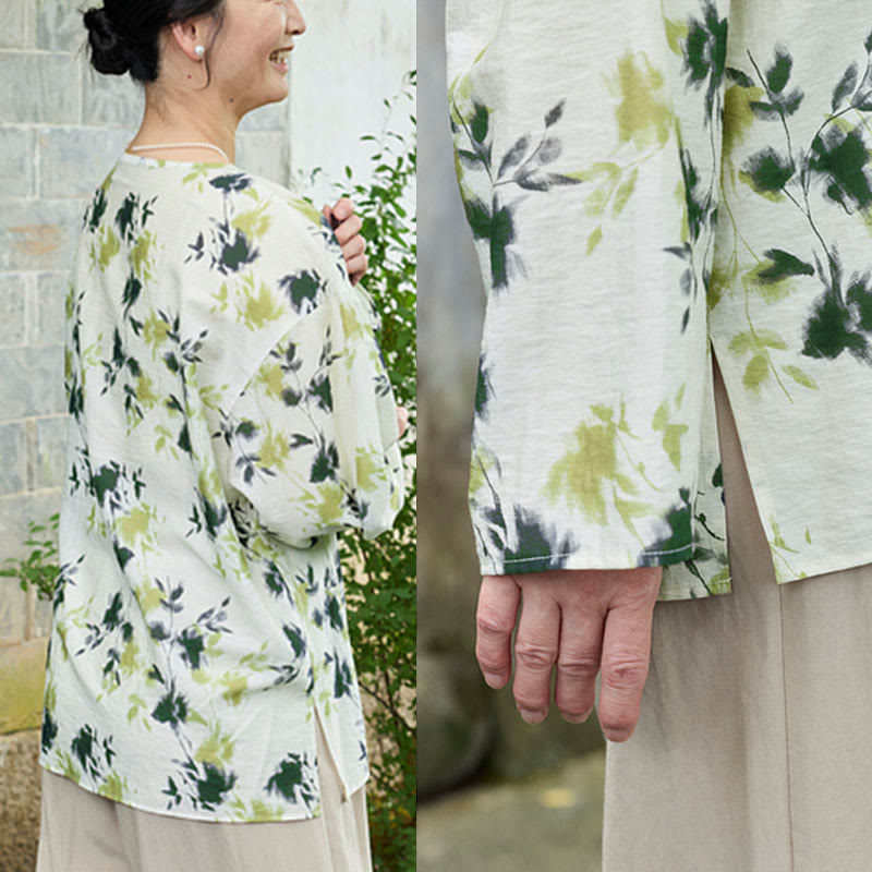 Buddha Stones Green Floral Leaves Lace-Up Buttons Long Sleeve Women's Shirt For Older Adults - image 15