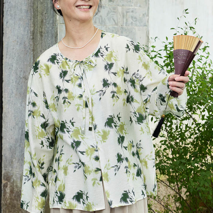 Buddha Stones Green Floral Leaves Lace-Up Buttons Long Sleeve Women's Shirt For Older Adults - image 2