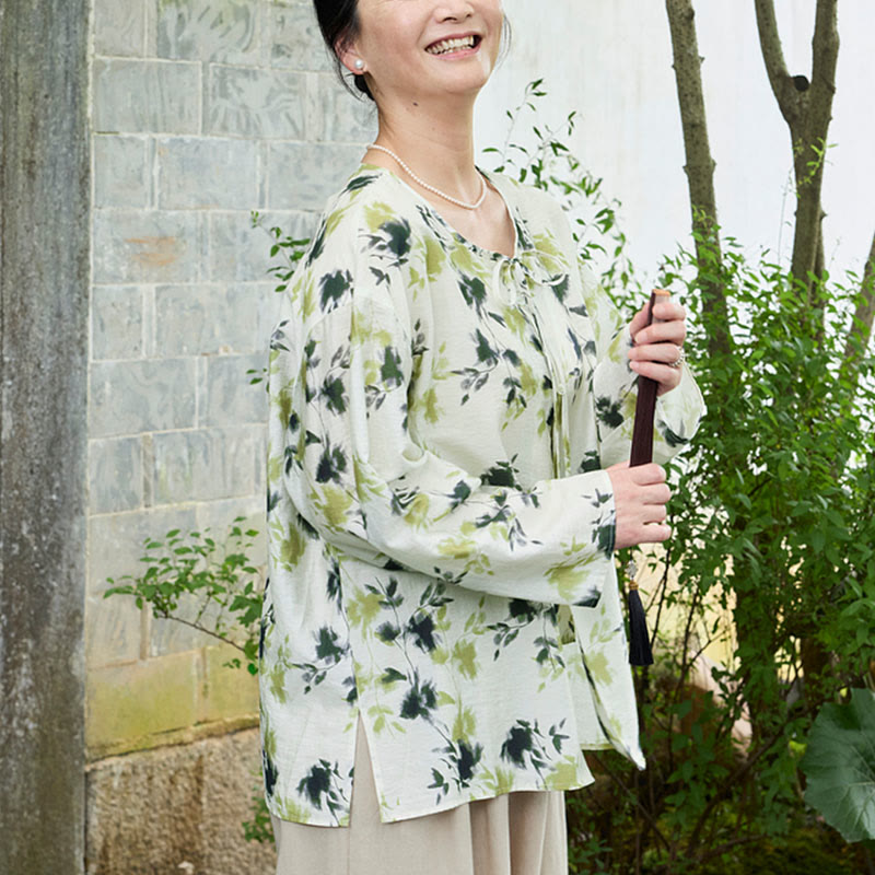 Buddha Stones Green Floral Leaves Lace-Up Buttons Long Sleeve Women's Shirt For Older Adults - image 6