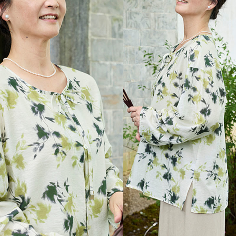 Buddha Stones Green Floral Leaves Lace-Up Buttons Long Sleeve Women's Shirt For Older Adults - image 11