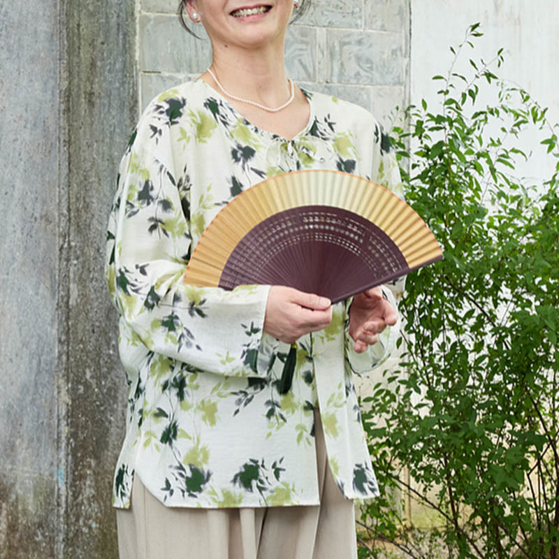 Buddha Stones Green Floral Leaves Lace-Up Buttons Long Sleeve Women's Shirt For Older Adults - image 8