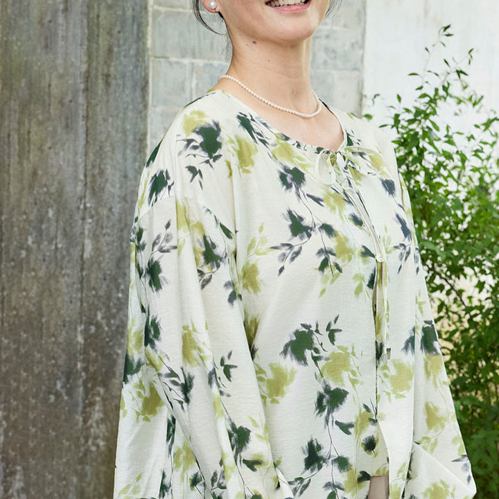 Buddha Stones Green Floral Leaves Lace-Up Buttons Long Sleeve Women's Shirt For Older Adults - image 18