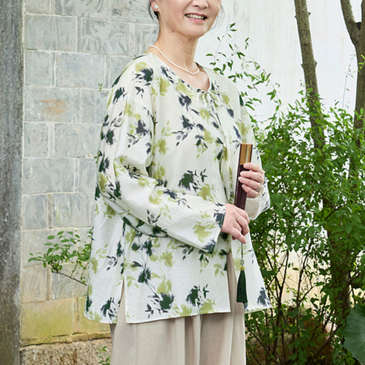 Buddha Stones Green Floral Leaves Lace-Up Buttons Long Sleeve Women's Shirt For Older Adults - image 7