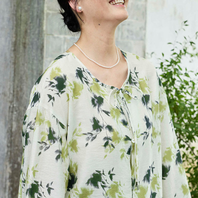 Buddha Stones Green Floral Leaves Lace-Up Buttons Long Sleeve Women's Shirt For Older Adults - image 16