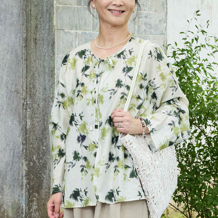 Buddha Stones Green Floral Leaves Lace-Up Buttons Long Sleeve Women's Shirt For Older Adults - image 9