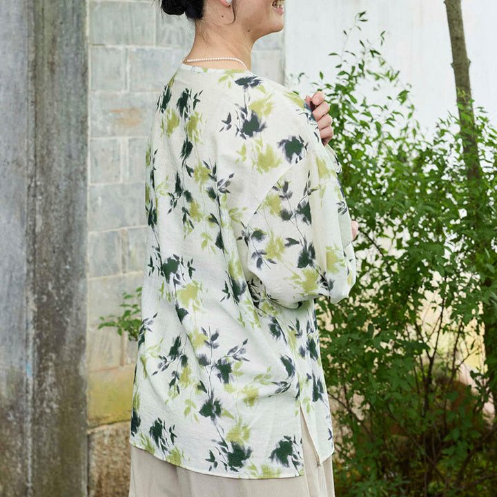 Buddha Stones Green Floral Leaves Lace-Up Buttons Long Sleeve Women's Shirt For Older Adults - image 3