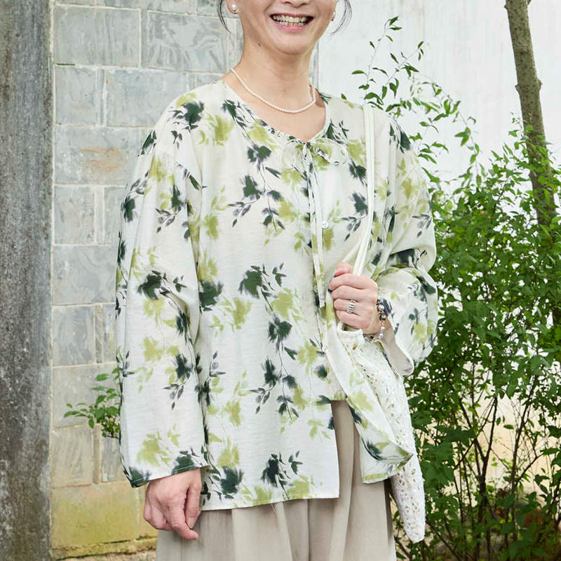 Buddha Stones Green Floral Leaves Lace-Up Buttons Long Sleeve Women's Shirt For Older Adults - image 1