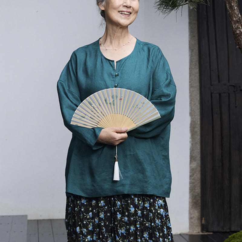 Buddha Stones Solid Color Linen Long Sleeve Women's Shirt For Older Adults - image 8