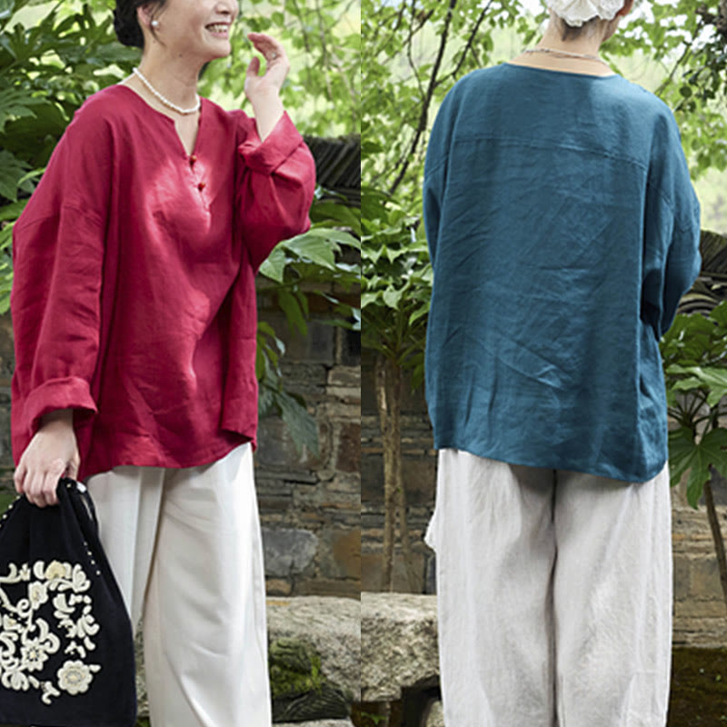 Buddha Stones Solid Color Linen Long Sleeve Women's Shirt For Older Adults - image 32