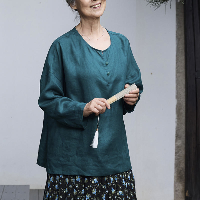 Buddha Stones Solid Color Linen Long Sleeve Women's Shirt For Older Adults - image 7