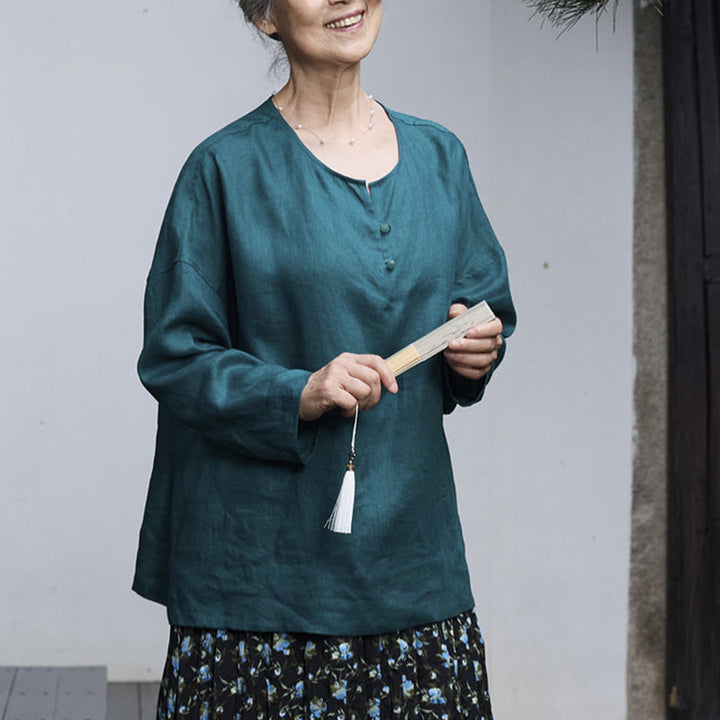 Buddha Stones Solid Color Linen Long Sleeve Women's Shirt For Older Adults - image 7