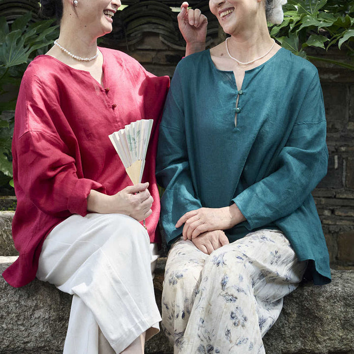 Buddha Stones Solid Color Linen Long Sleeve Women's Shirt For Older Adults - image 29