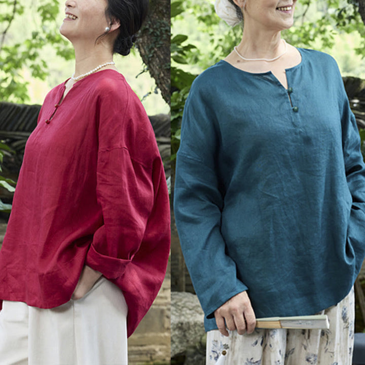 Buddha Stones Solid Color Linen Long Sleeve Women's Shirt For Older Adults - image 30