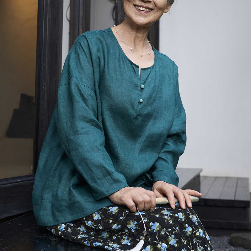 Buddha Stones Solid Color Linen Long Sleeve Women's Shirt For Older Adults - image 9