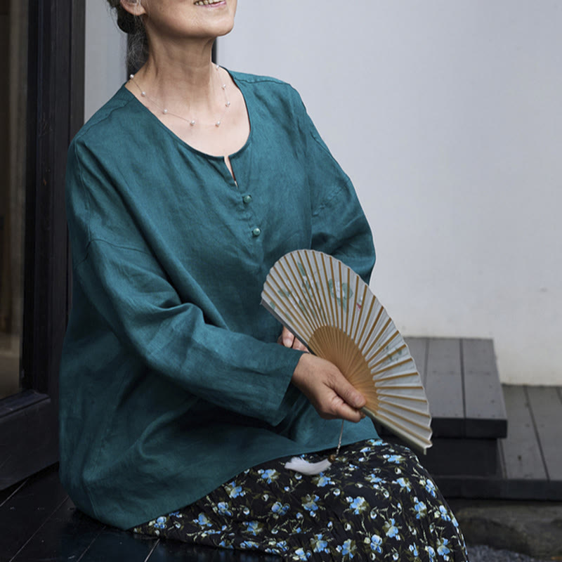 Buddha Stones Solid Color Linen Long Sleeve Women's Shirt For Older Adults - image 12