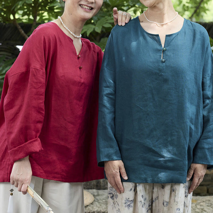 Buddha Stones Solid Color Linen Long Sleeve Women's Shirt For Older Adults - image 27