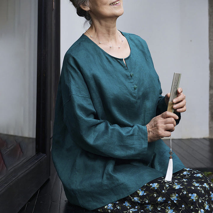 Buddha Stones Solid Color Linen Long Sleeve Women's Shirt For Older Adults - image 11