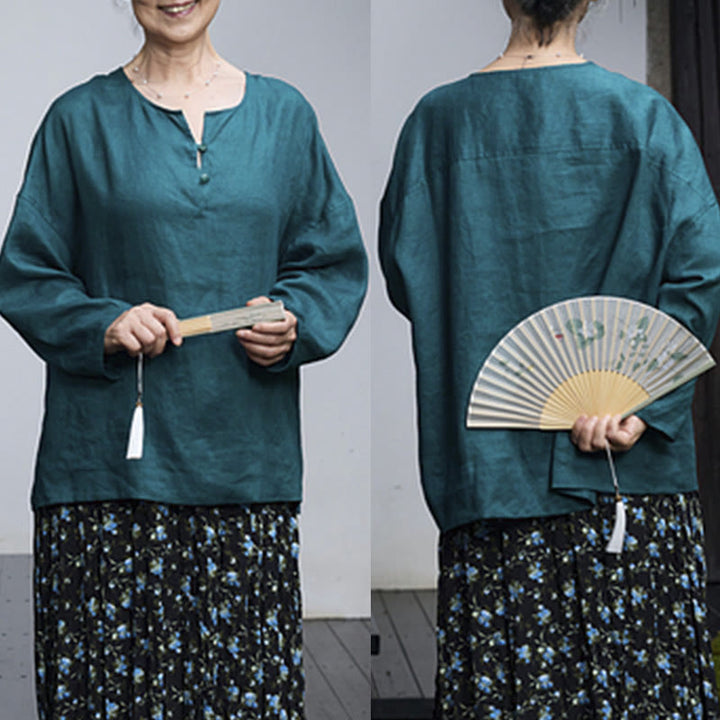 Buddha Stones Solid Color Linen Long Sleeve Women's Shirt For Older Adults - image 2