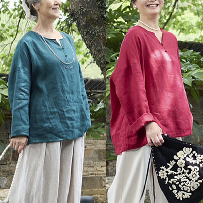 Buddha Stones Solid Color Linen Long Sleeve Women's Shirt For Older Adults - image 33