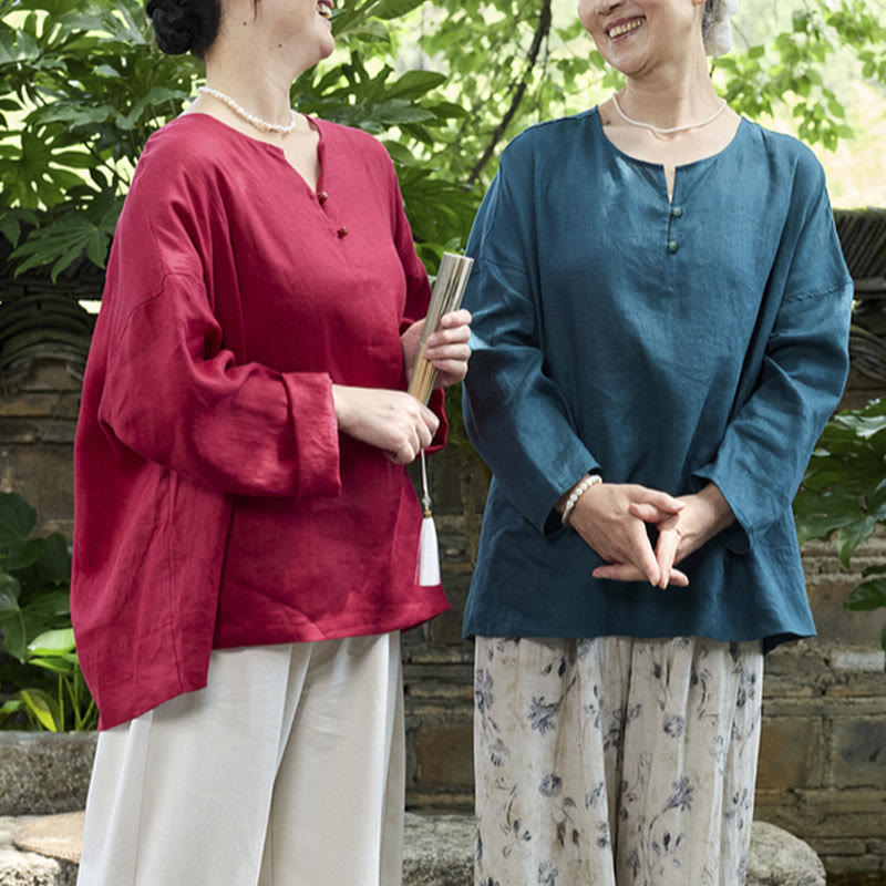 Buddha Stones Solid Color Linen Long Sleeve Women's Shirt For Older Adults - image 28