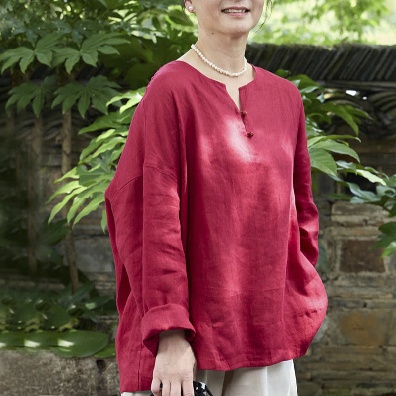 Buddha Stones Solid Color Linen Long Sleeve Women's Shirt For Older Adults - Crimson - US14,UK/AU18,EU46 (2XL) - image 15